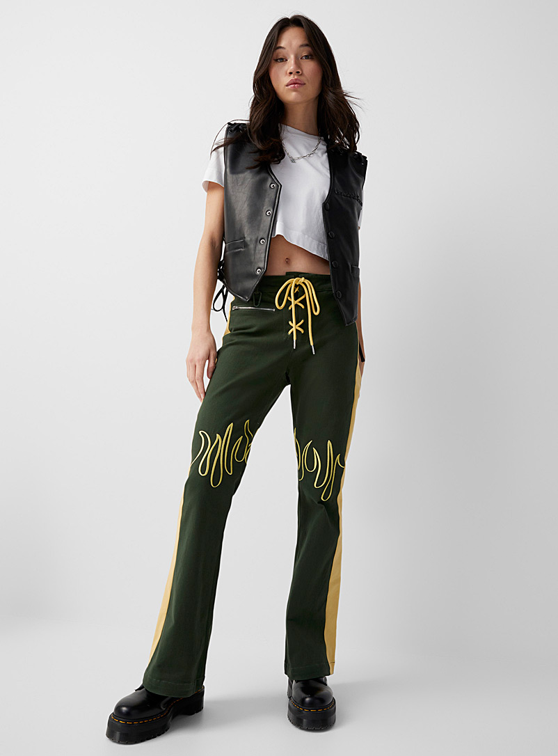 House Of Sunny Green Two-tone flame flared jean for women