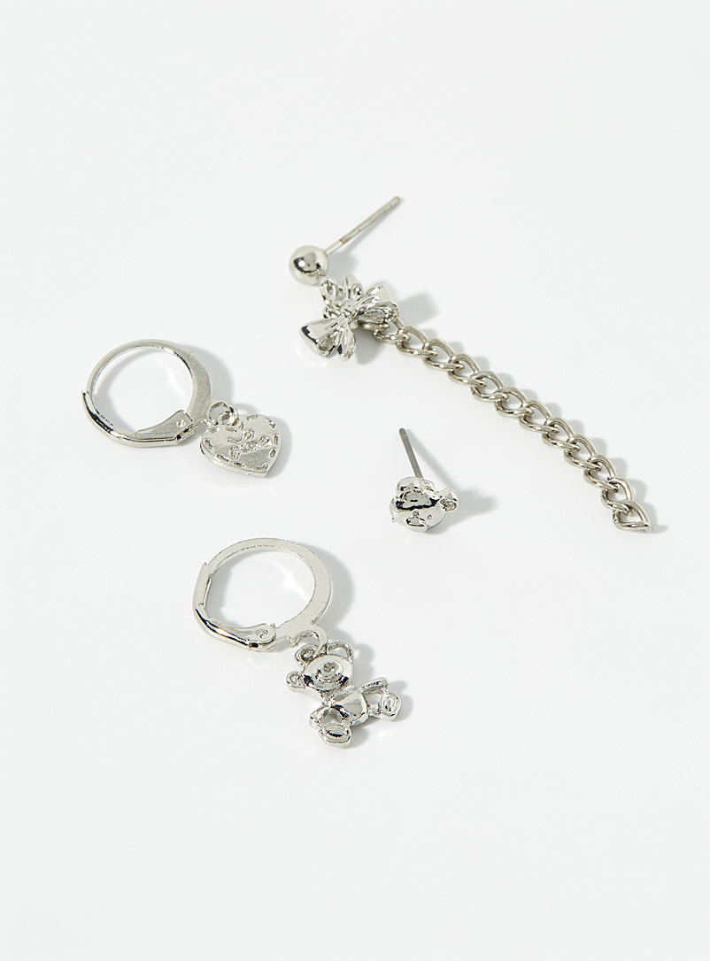 Simons Silver Bow, heart and bear earrings 4-piece set for women