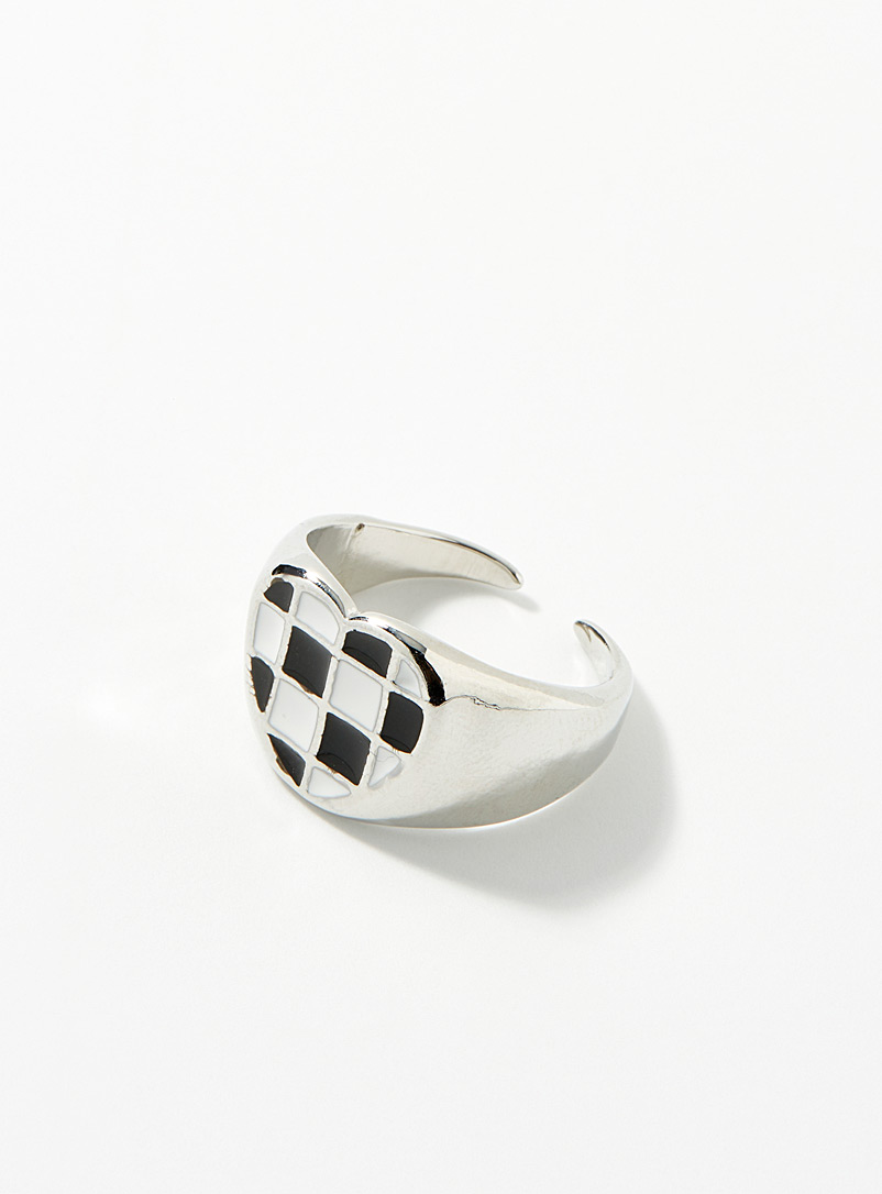 Simons Silver Checkered heart ring for women