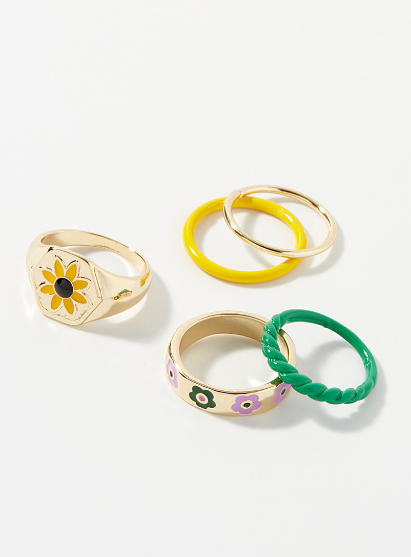 Simons Patterned Green Colourful floral rings Set of 5 for women