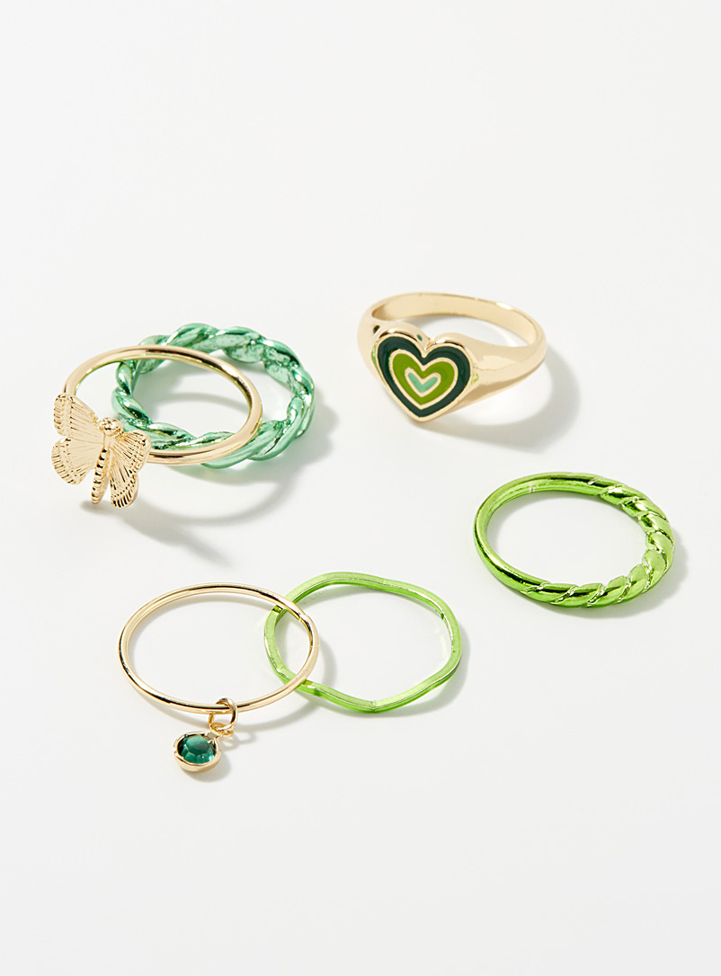 Simons Patterned Green Fun enamel rings Set of 6 for women