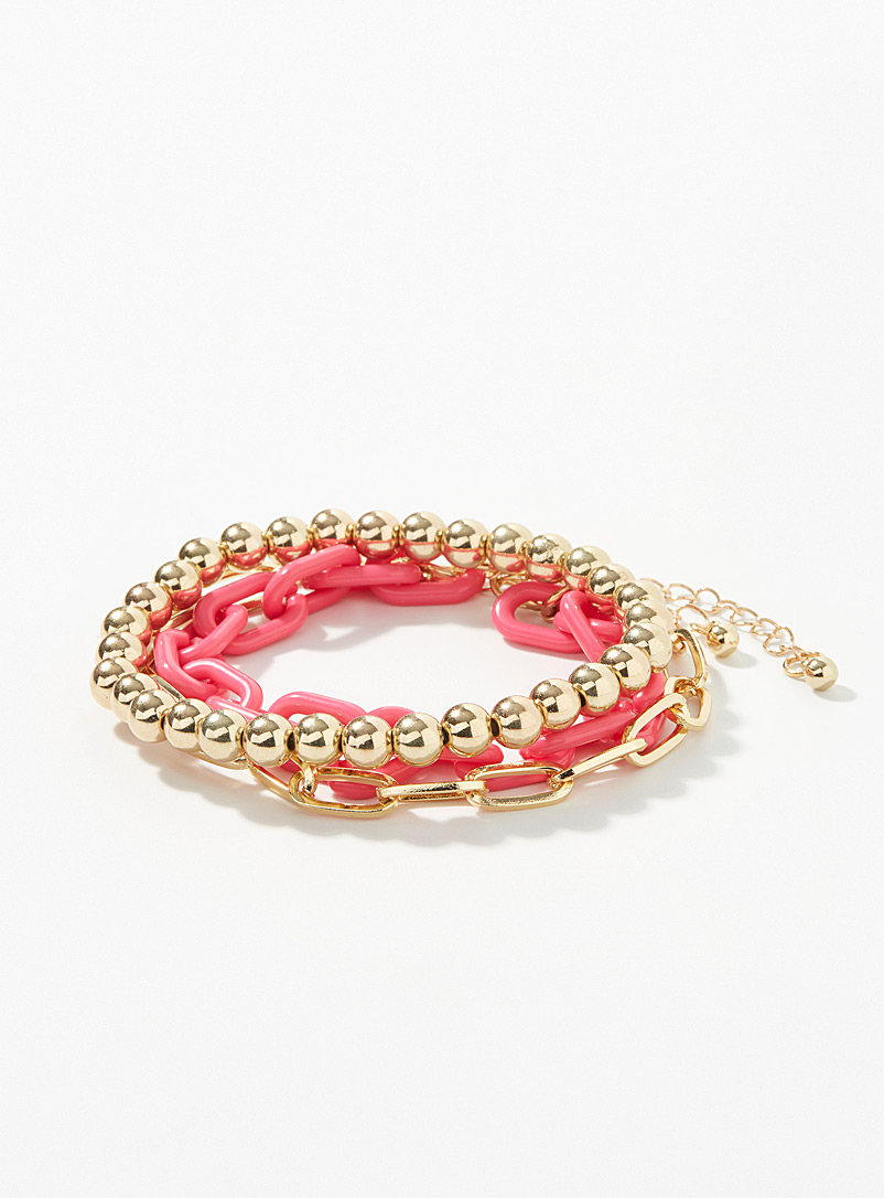 Simons Pink Solid bead and chain bracelets Set of 3 for women