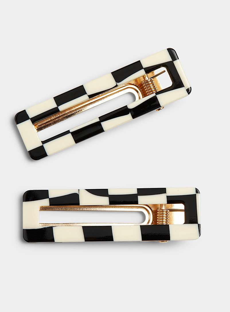 Simons Black and White Checkered rectangular clips Set of 2 for women