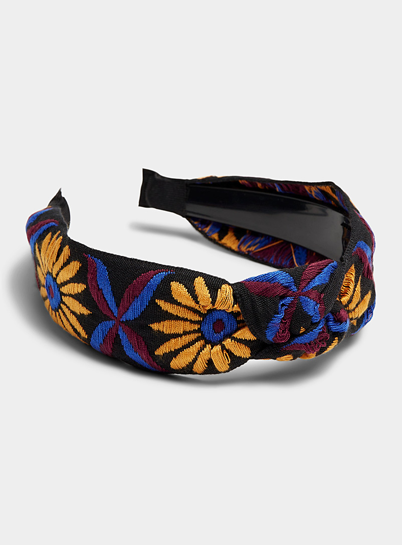 Simons Patterned Black Embroidered daisy knotted headband for women