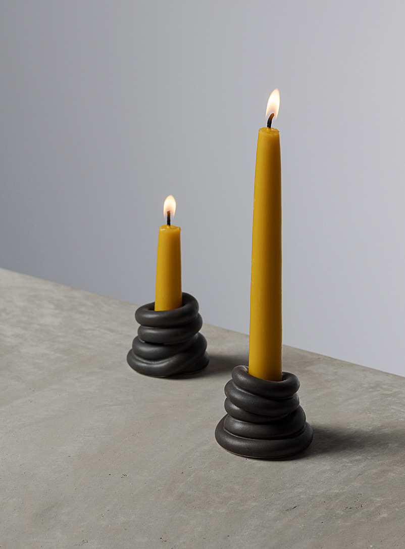 DOMPIERRE Black Coiled stoneware candlestick duo With candles