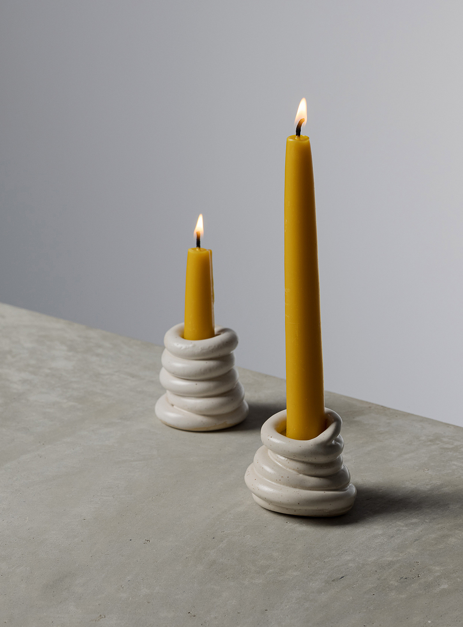 Dompierre Coiled Stoneware Candlestick Duo With Candles In White