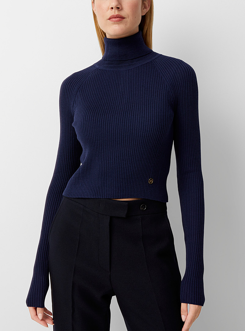 Recto Marine Blue Buttoned back ribbed sweater for women