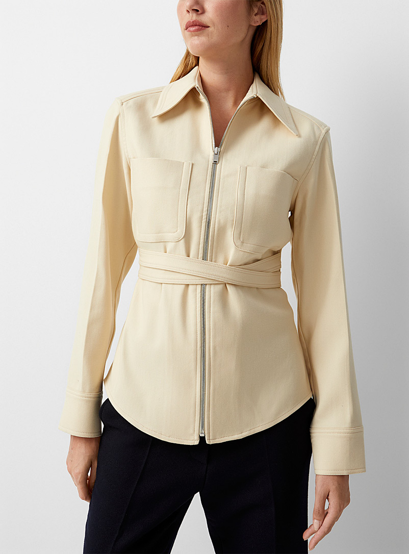 Recto Cream Beige Belted zippered jacket for women