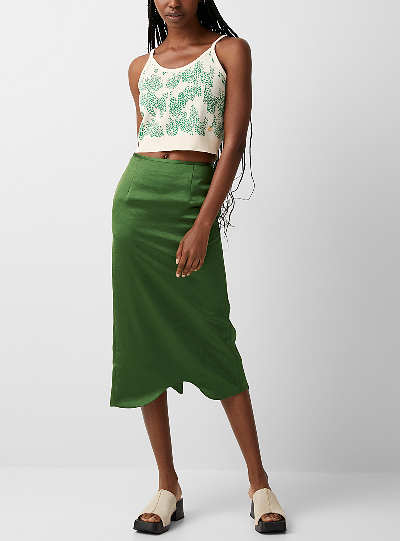 Recto Mossy Green Scalloped silky skirt for women