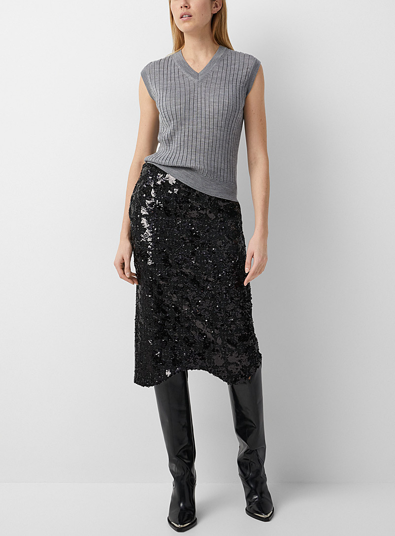 Recto Black Sequined scalloped skirt for women