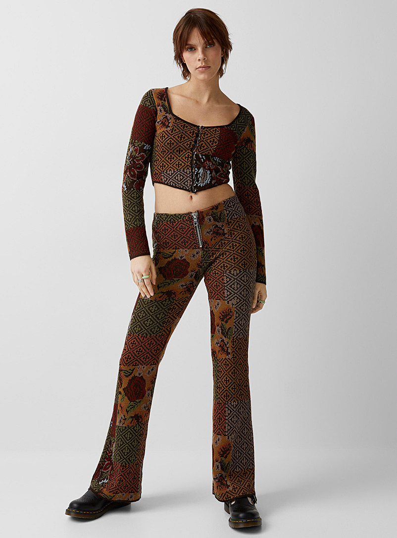 Milk It Patterned Brown Patchwork jacquard flared knit pant for women