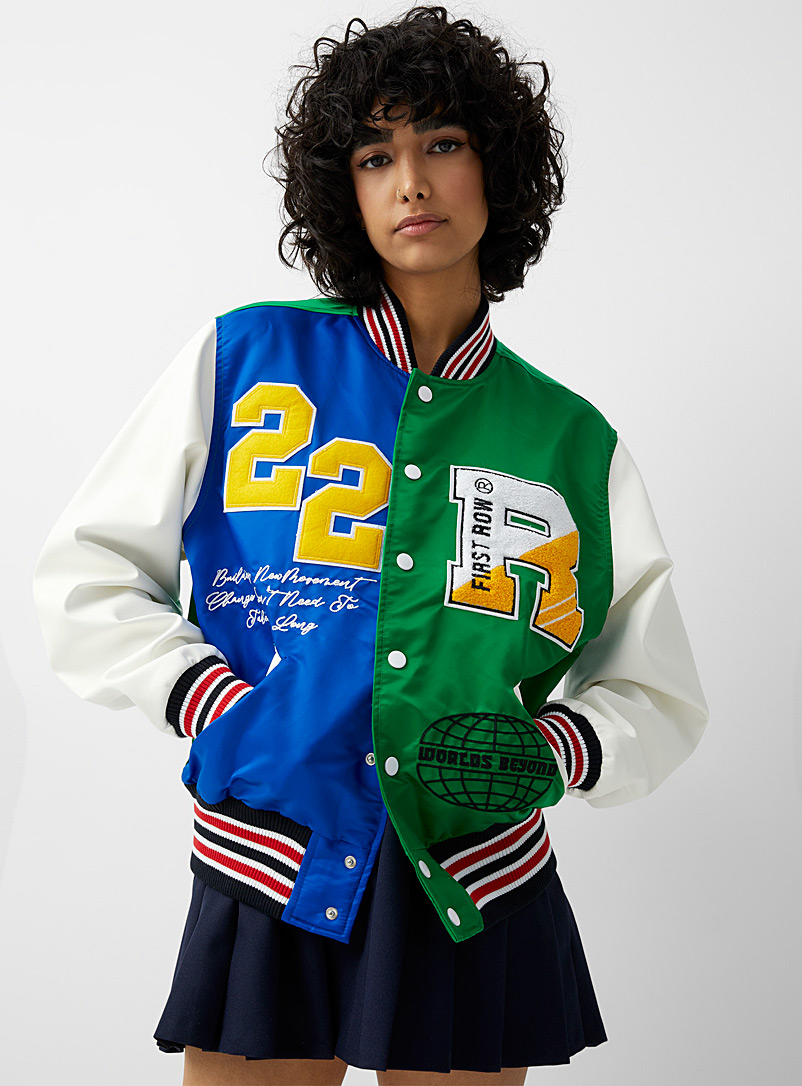 Twik Green Two-tone varsity jacket with patches for women