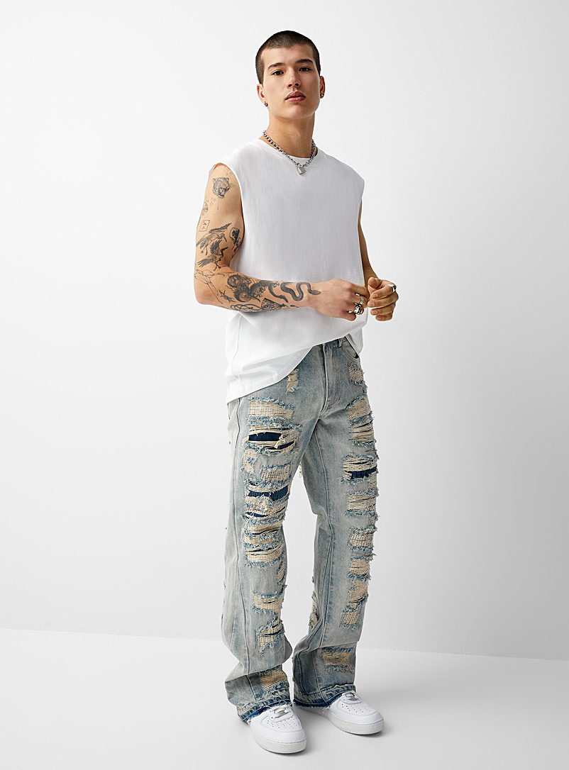 First Row Blue Heavy destroyed jean Relaxed flare fit for men