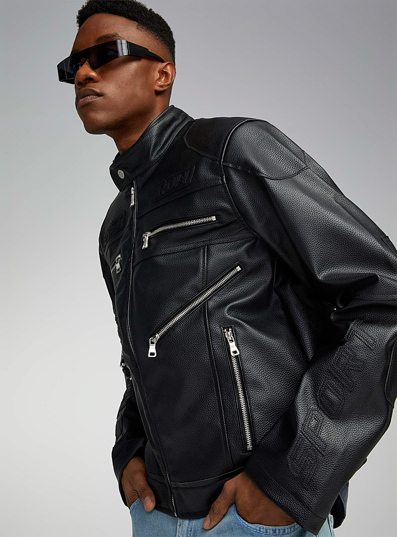 First Row Black Faux-leather biker jacket for men