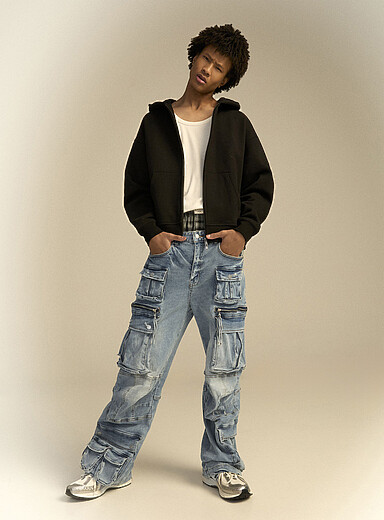 First Row: Le jean cargo Y2K d&eacute;lav&eacute; <b>Coupe baggy</b> Bleu pour homme