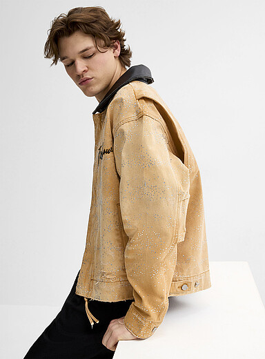 First Row: La veste travailleur strass col effet cuir Brun clair pour homme