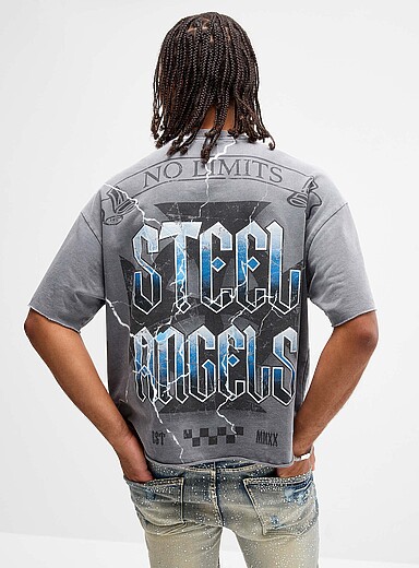 First Row Slate Grey Steel Angels faded T-shirt <b>Slightly cropped boxy fit</b> for men