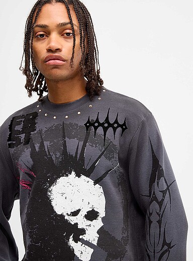 First Row Slate Grey Punk skull waffle T-shirt for men