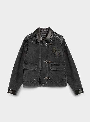 First Row: La veste en jean d&eacute;lav&eacute; &agrave; strass attaches pompier Charbon pour homme