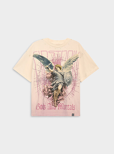 First Row: Le t-shirt graphique ange gothique &Eacute;cru - Lin pour homme