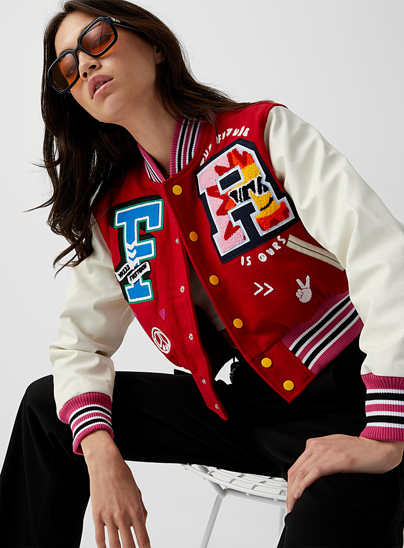 Twik Red The Future is Ours varsity jacket for women