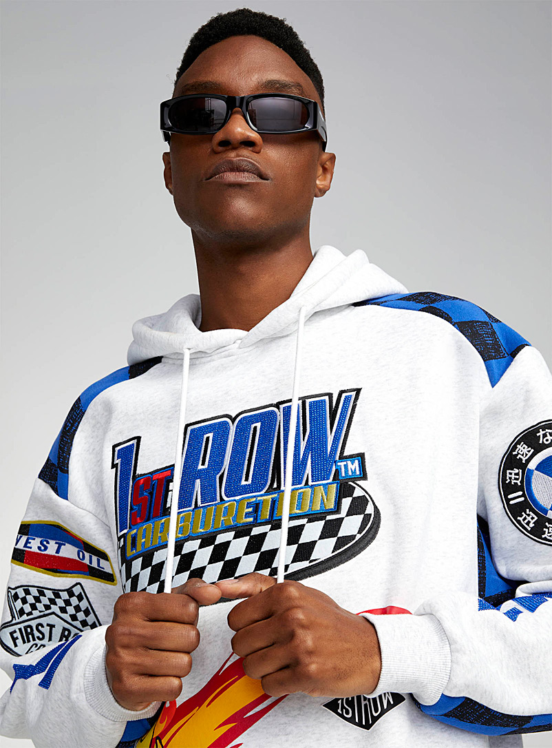 First Row White Racing rhinestone patch hoodie for men