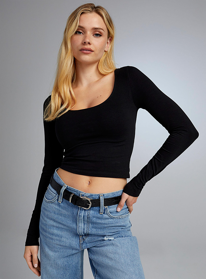 Twik Black Organic cotton low-neck cropped T-shirt for women