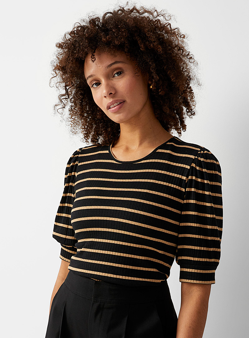 Contemporaine Patterned Black Balloon sleeves striped T-shirt for women