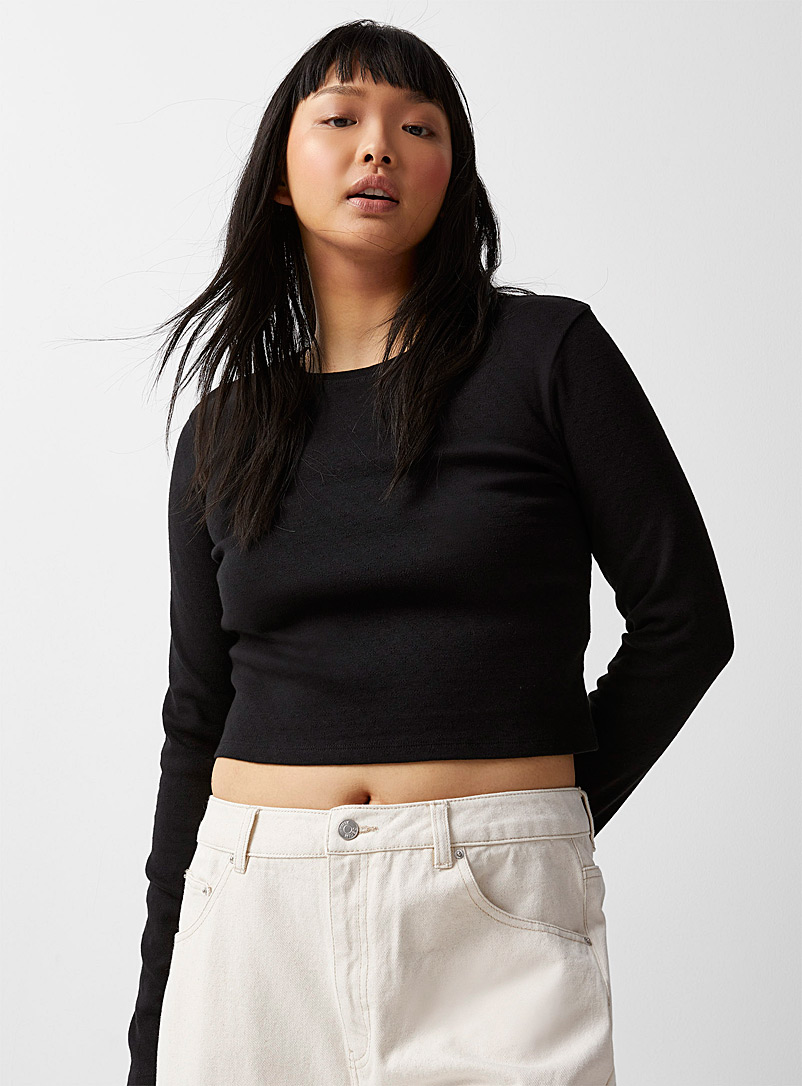 Twik Black Pointelle knit boxy-fit T-shirt for women