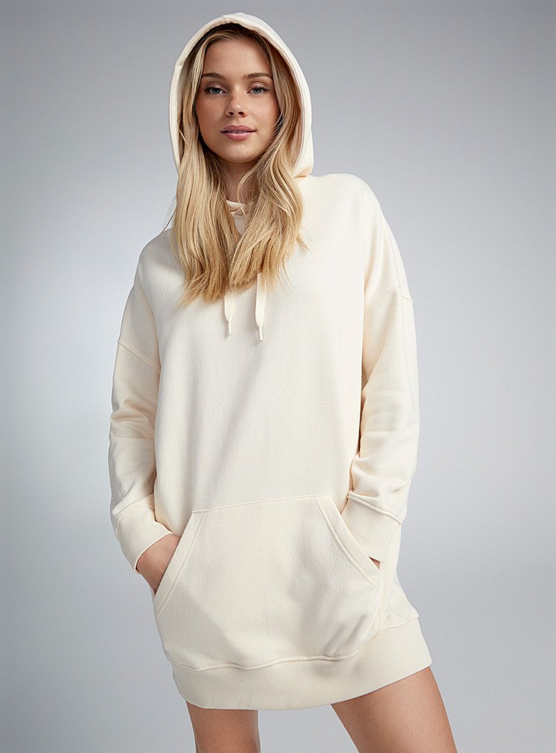 Twik Cream Beige Fleece hoodie dress for women