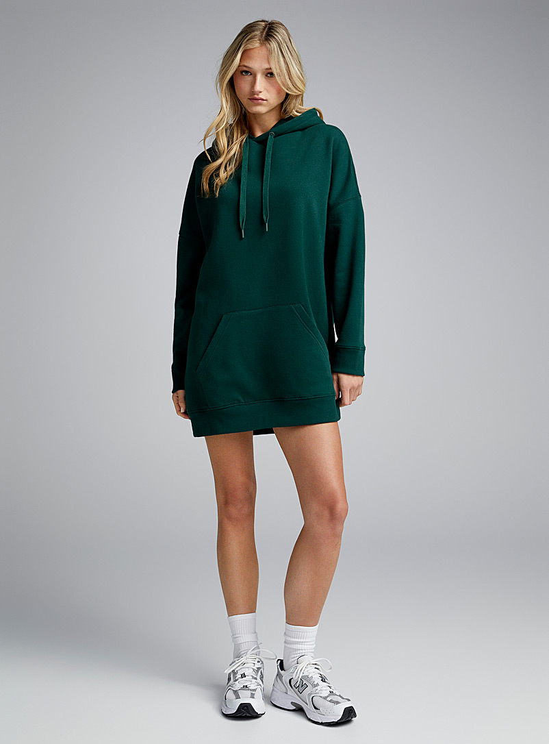 Twik Bottle Green Fleece hoodie dress for women