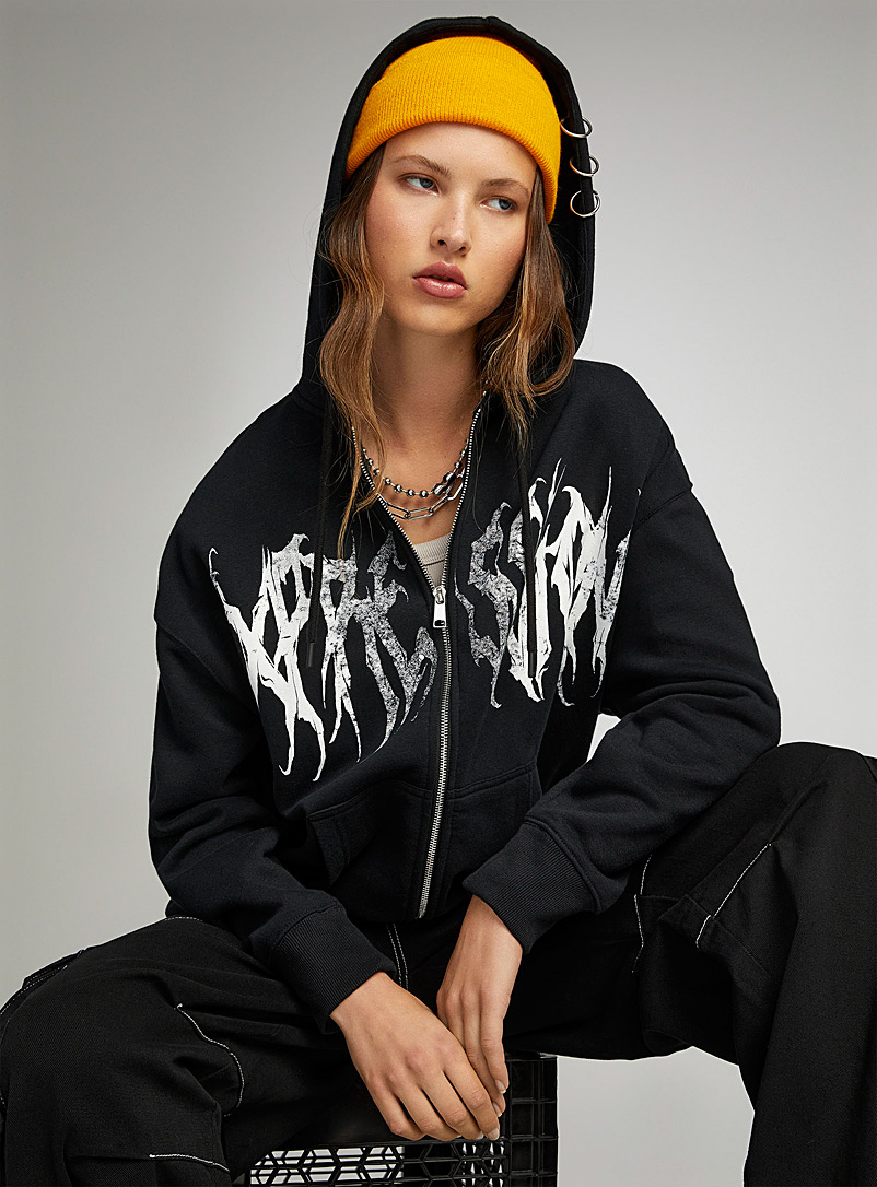 Twik Patterned Black Gothic expression hoodie <b>Emotions are ok.</b> for women