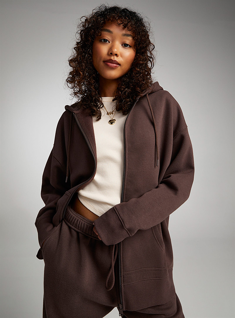 Twik Dark Brown Oversized zip-up fleece hoodie for women