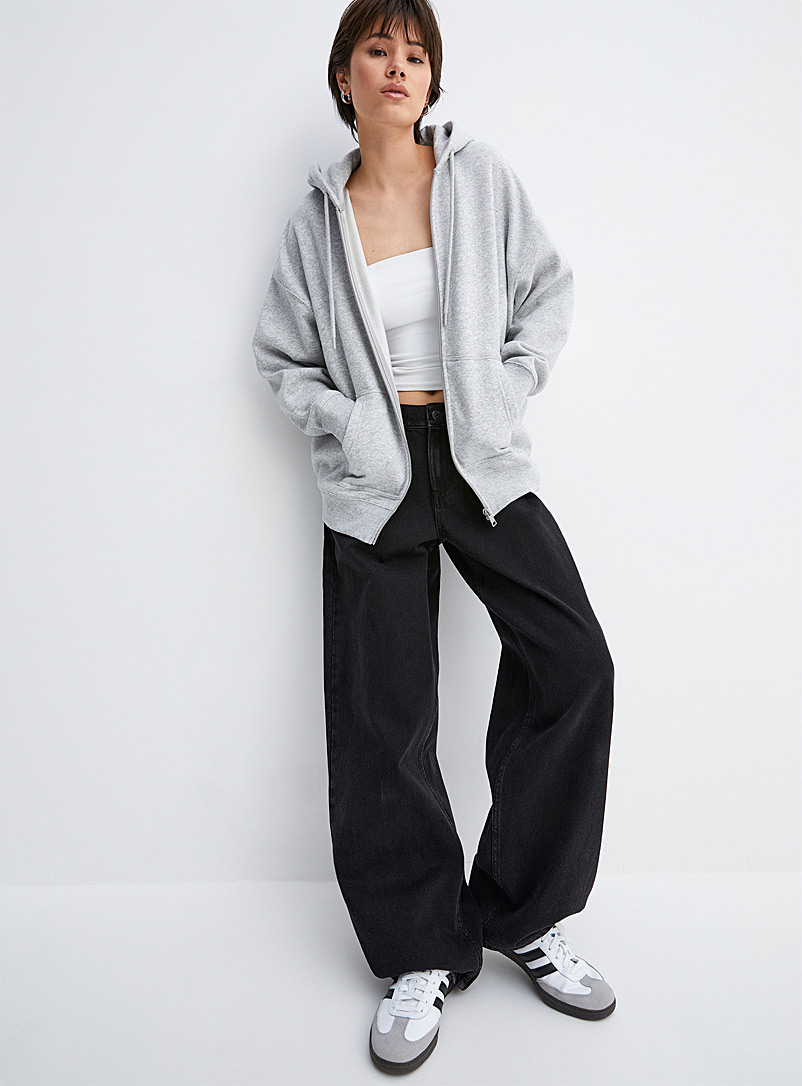 Twik Grey Oversized zip-up fleece hoodie for women