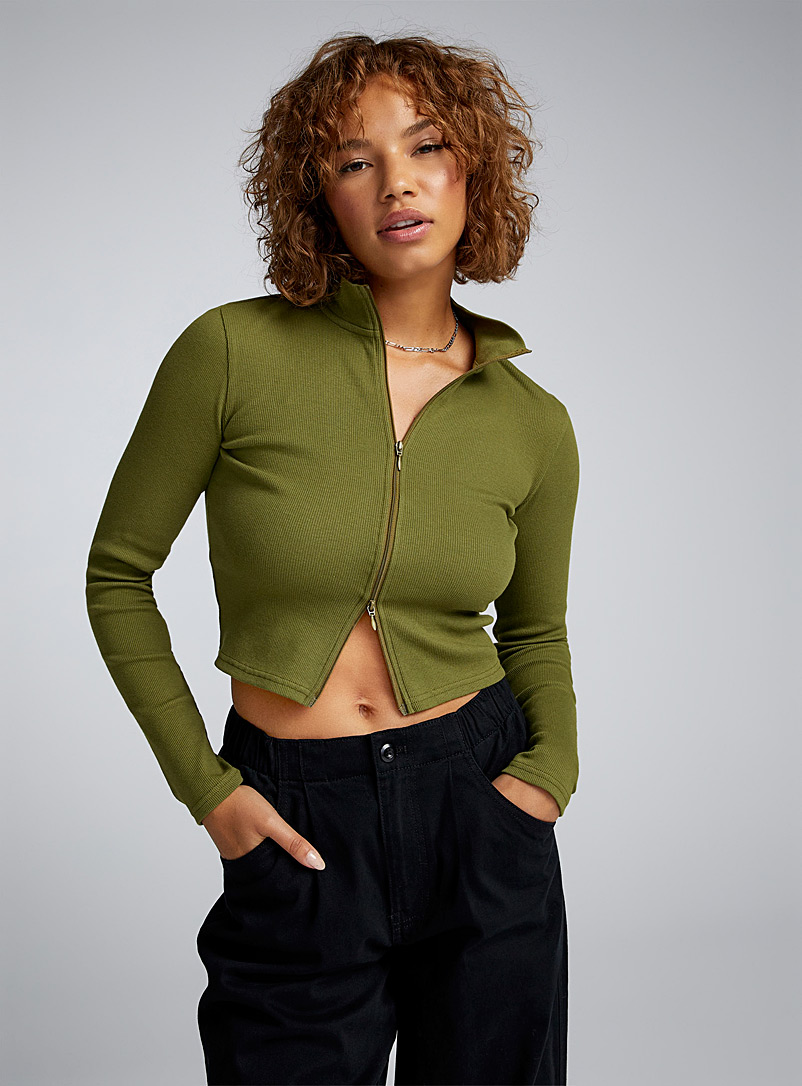 Twik: Le t-shirt zippé deux sens Kaki chartreuse pour femme