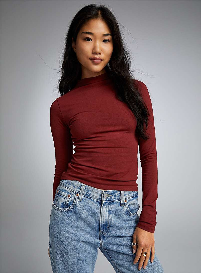 Twik Ruby Red Plain fitted mock-neck tee for women
