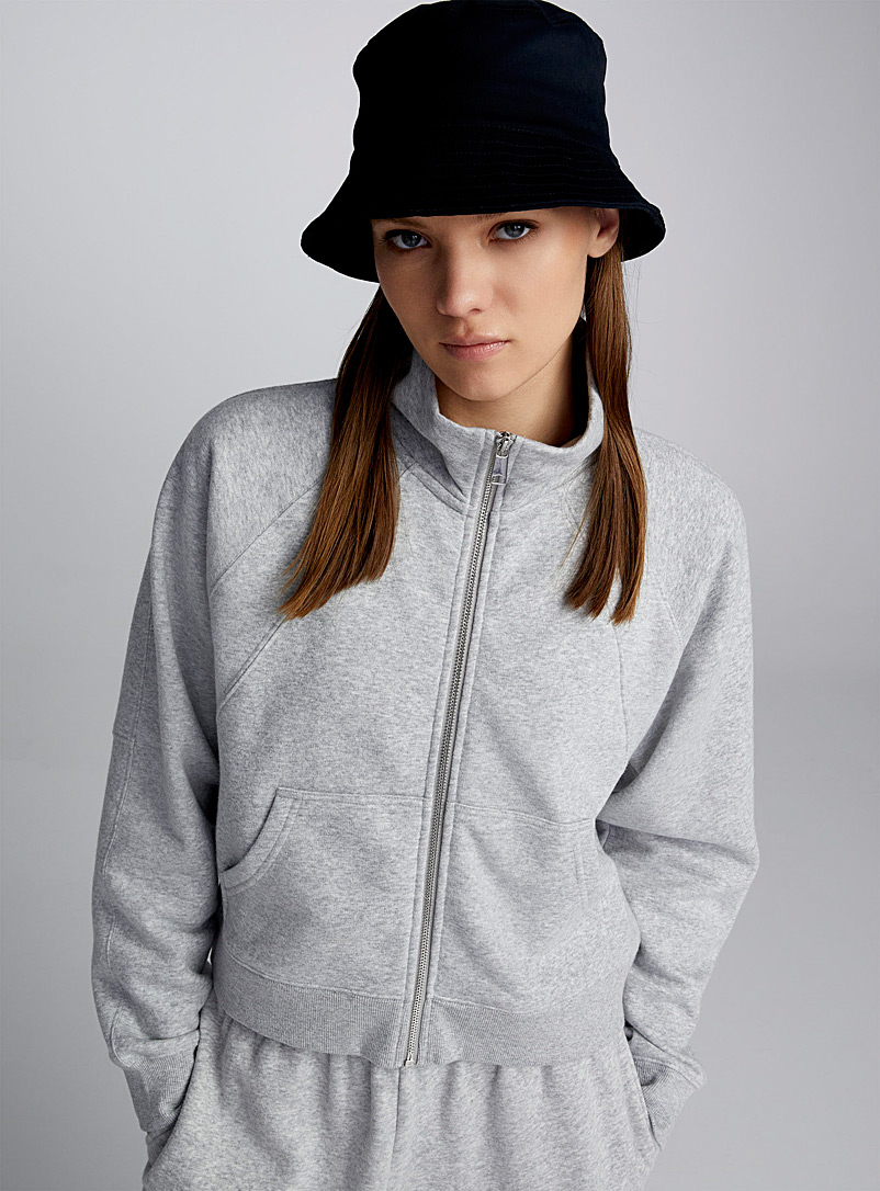 Twik Grey Cropped zippered mock-neck sweatshirt for women