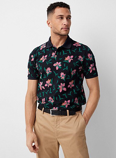 Le 31 Patterned black Tropical flower jersey polo for men