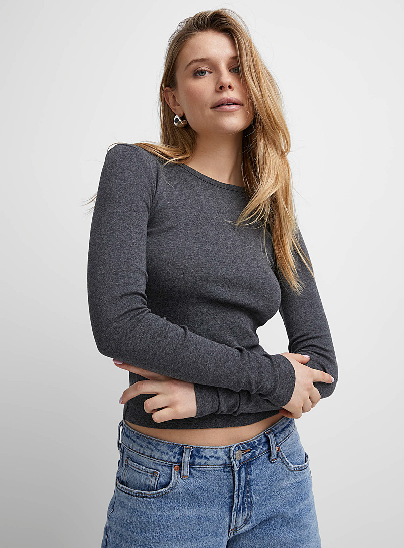 Charcoal Grey Cotton Long Sleeve Top, Tops