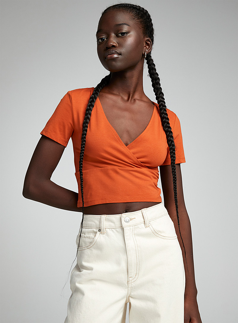 Twik Citrus/Bright Orange Crossover neckline cropped tee for women