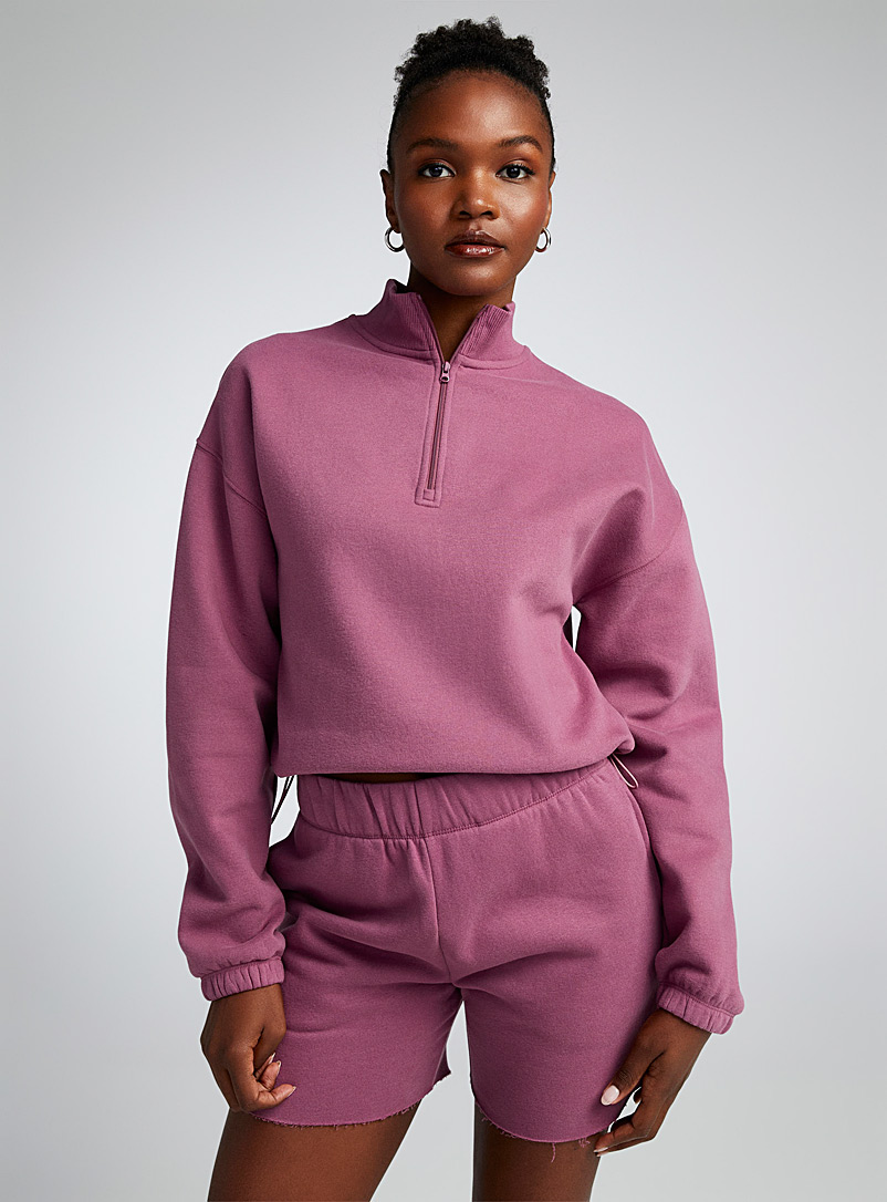 Twik Dusky Pink Zippered soft fleece mock-neck sweatshirt for women