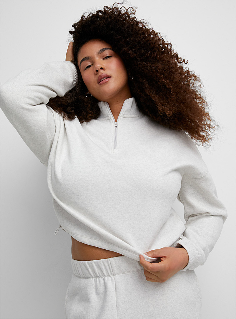 Twik Silver Zippered soft fleece mock-neck sweatshirt for women