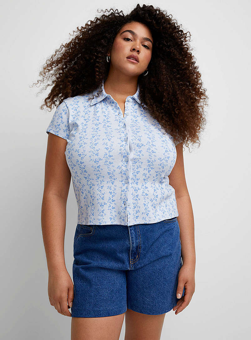 Twik Patterned Blue Cropped pointelle knit shirt for women