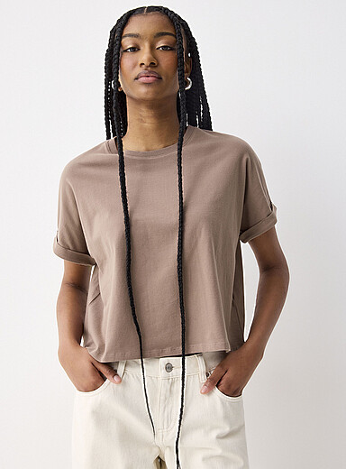 Twik Taupe Boxy cuffed-sleeve T-shirt for women