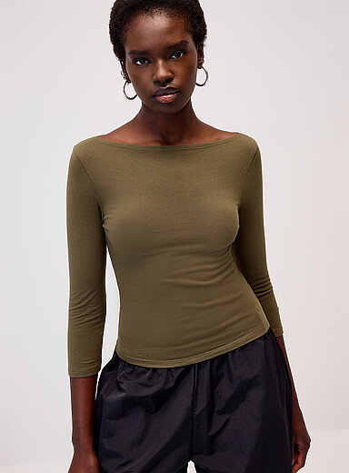 Twik: Le t-shirt col bateau manches 3/4 Kaki pour femme