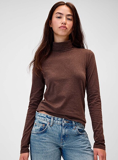 Twik Brown Brushed jersey turtleneck T-shirt <b>Slim fit</b> for women