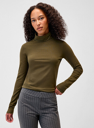 Twik Khaki Brushed jersey turtleneck T-shirt <b>Slim fit</b> for women