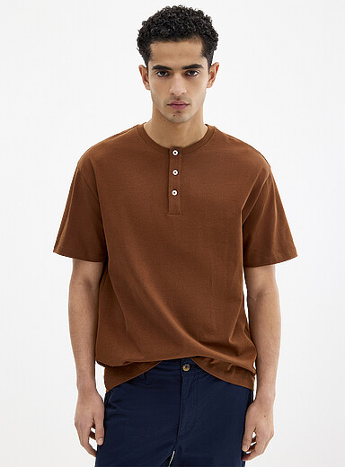 Le 31 Ivory/Cream Beige 100% organic cotton Henley T-shirt <b>Comfort fit</b> for men