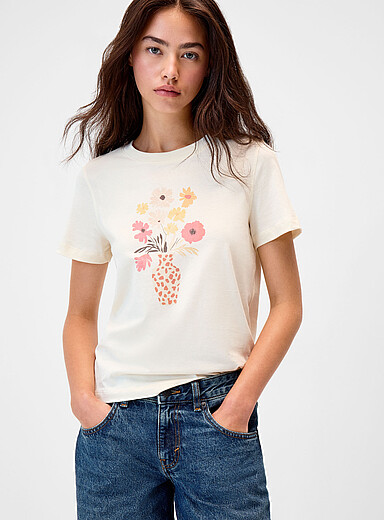 Twik: Le t-shirt imprim&eacute; <b>Coupe d&eacute;contract&eacute;e</b> Beige &agrave; motifs pour femme