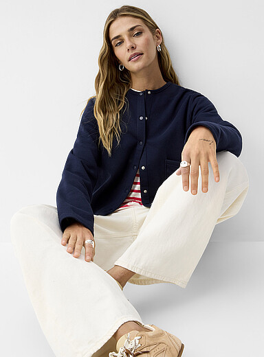 Ic&ocirc;ne: Le cardigan carr&eacute; col rond doux molleton Bleu marine - Bleu nuit pour femme